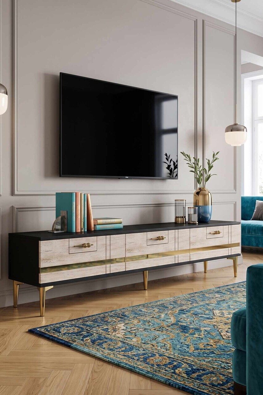 Comoda TV, Hanah Home, Ilay, 180x41x30 cm, Antracit / Travertin / Auriu — imaginea 3