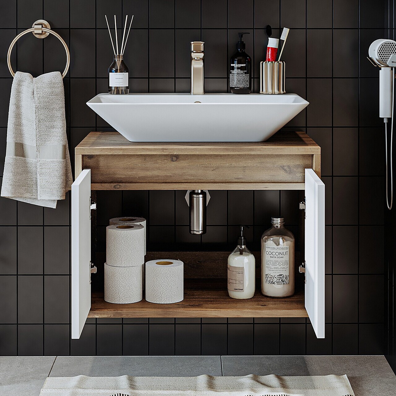 Dulap de baie cu chiuvetă, Hanah Home, 1750, 65x58x45 cm, MDF-LAM, Pin Atlantic / Alb Mat — imaginea 4