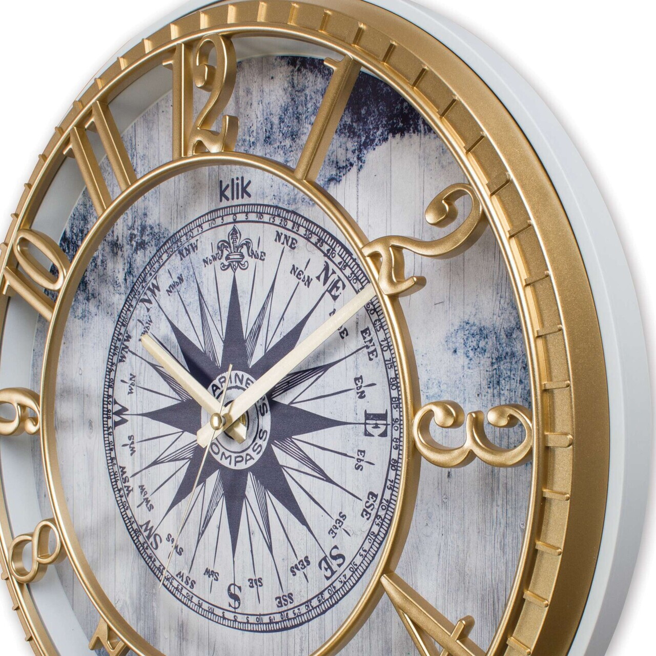 Ceas de perete decorativ, Hisar Compass, 90% PLASTIC/10% STICLĂ, Dimensiune: 40 x 40 cm, Aur / Albastru — imaginea 4