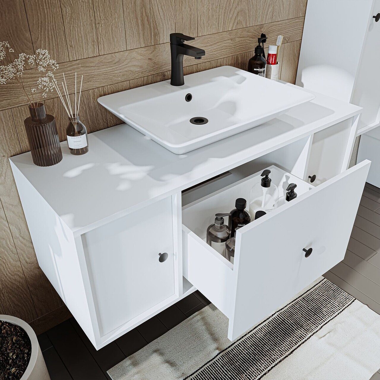 Set Dulap de Baie cu Chiuvetă și Oglindă (3 Piese), Hanah Home, 2551, MDF, Alb — imaginea 5