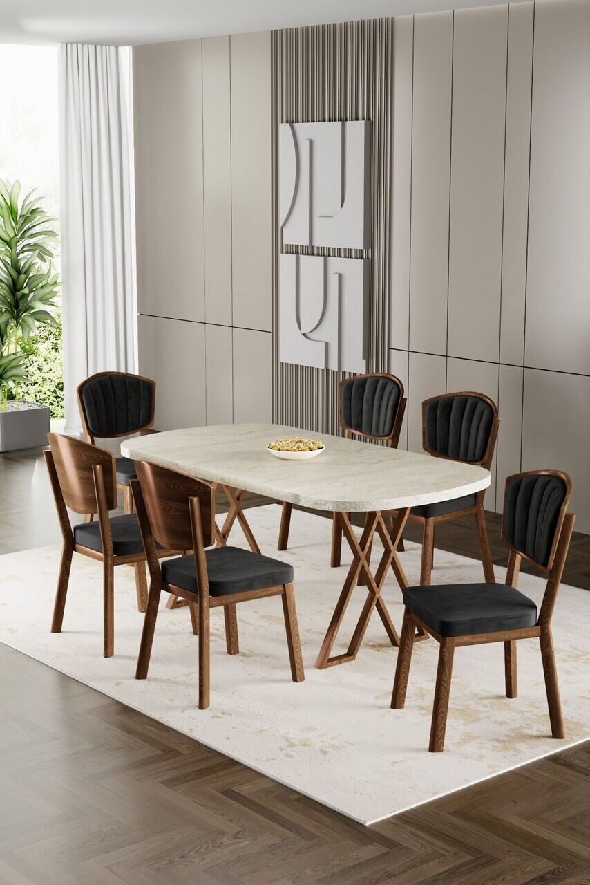 Set masa si scaune (7 piese), Hanah Home, Flori, Travertin / Aspect de lemn / Negru