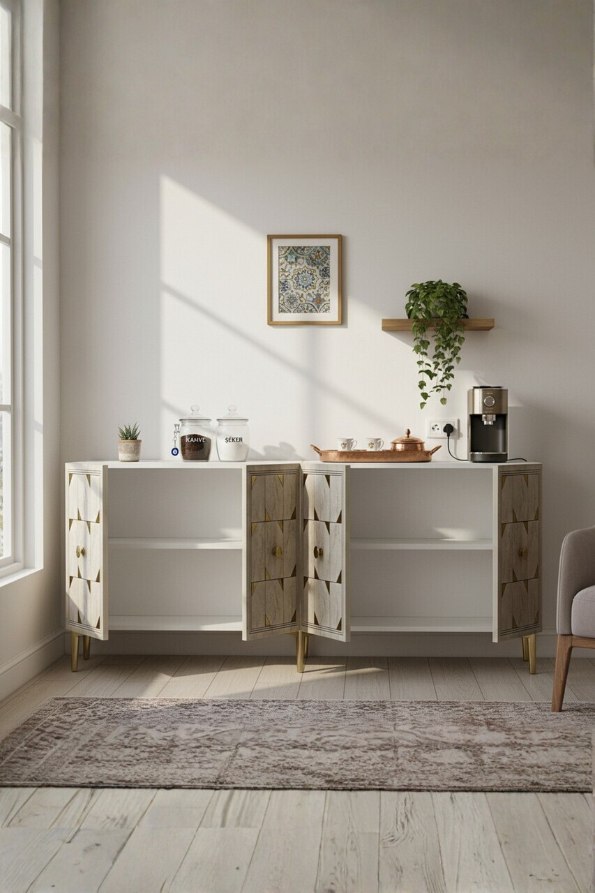 Consola, Hanah Home, Moka 150, 150x75x32 cm, White / Travertine / Gold — imaginea 3