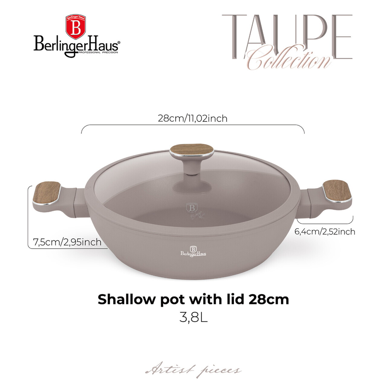 Oala cu capac Berlinger Haus, Taupe Nordic, 28 cm, 3.8 L, aluminiu forjat, taupe mat/natur - imagine 7