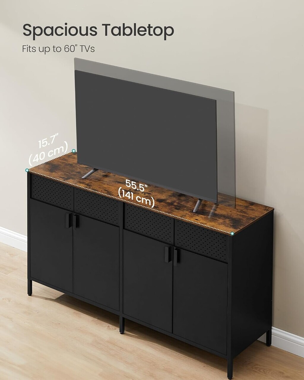 Bufet metalic depozitare 4 usi, Vasagle, rafturi reglabile, 141x40x76 cm, otel, maro rustic/negru - view 4