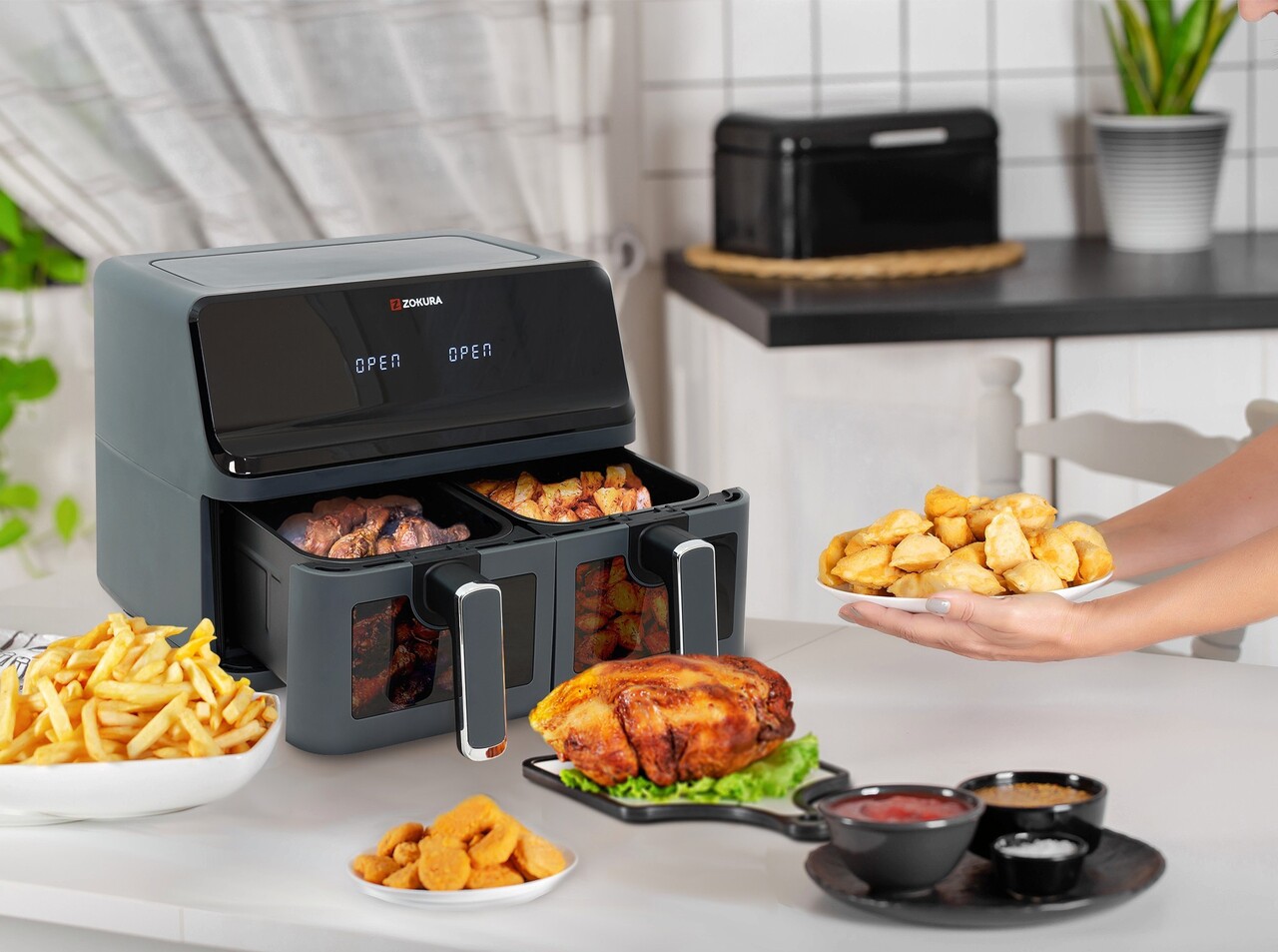 Friteuza dubla cu aer cald, 8 L, 1350+1350 W, Gri inchis - Zokura - imagine 2