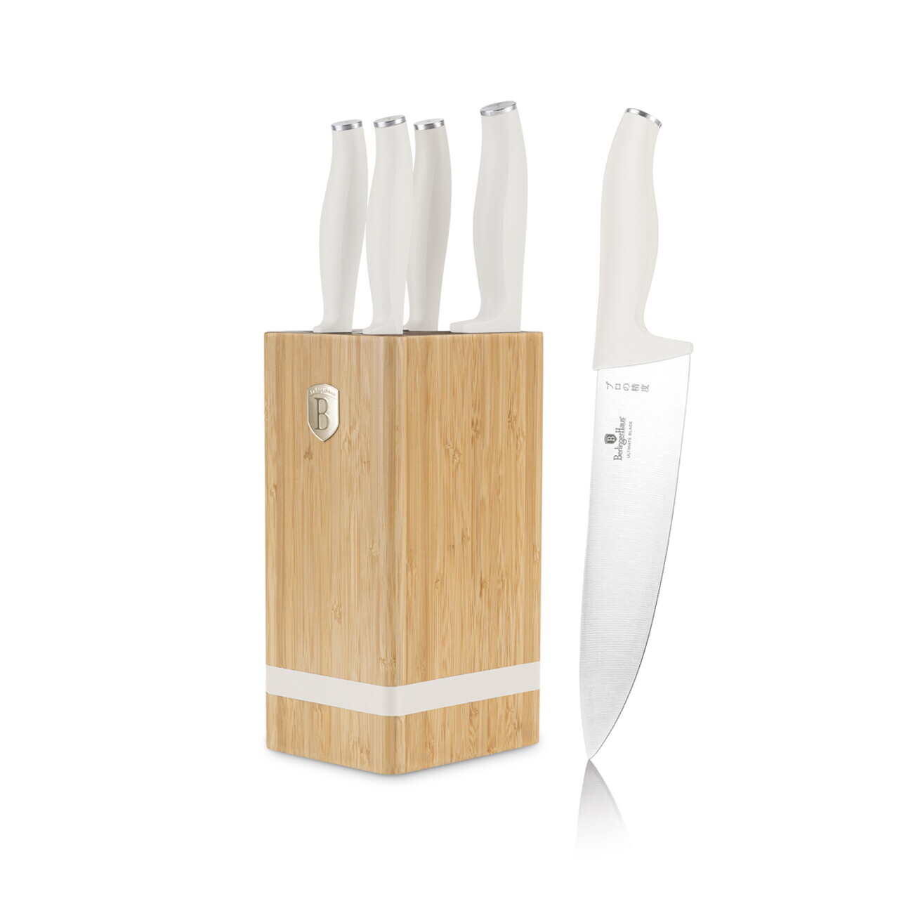 Set 5 cutite cu suport patrat Berlinger Haus, Sahara, inox/bambus, crem mat/natur - imagine 2
