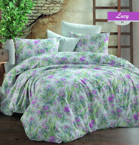 Lenjerie de pat dubla Lucy, Majoli Home Collection, 4 piese, 200x220 cm, 100% bumbac ranforce, multicolor