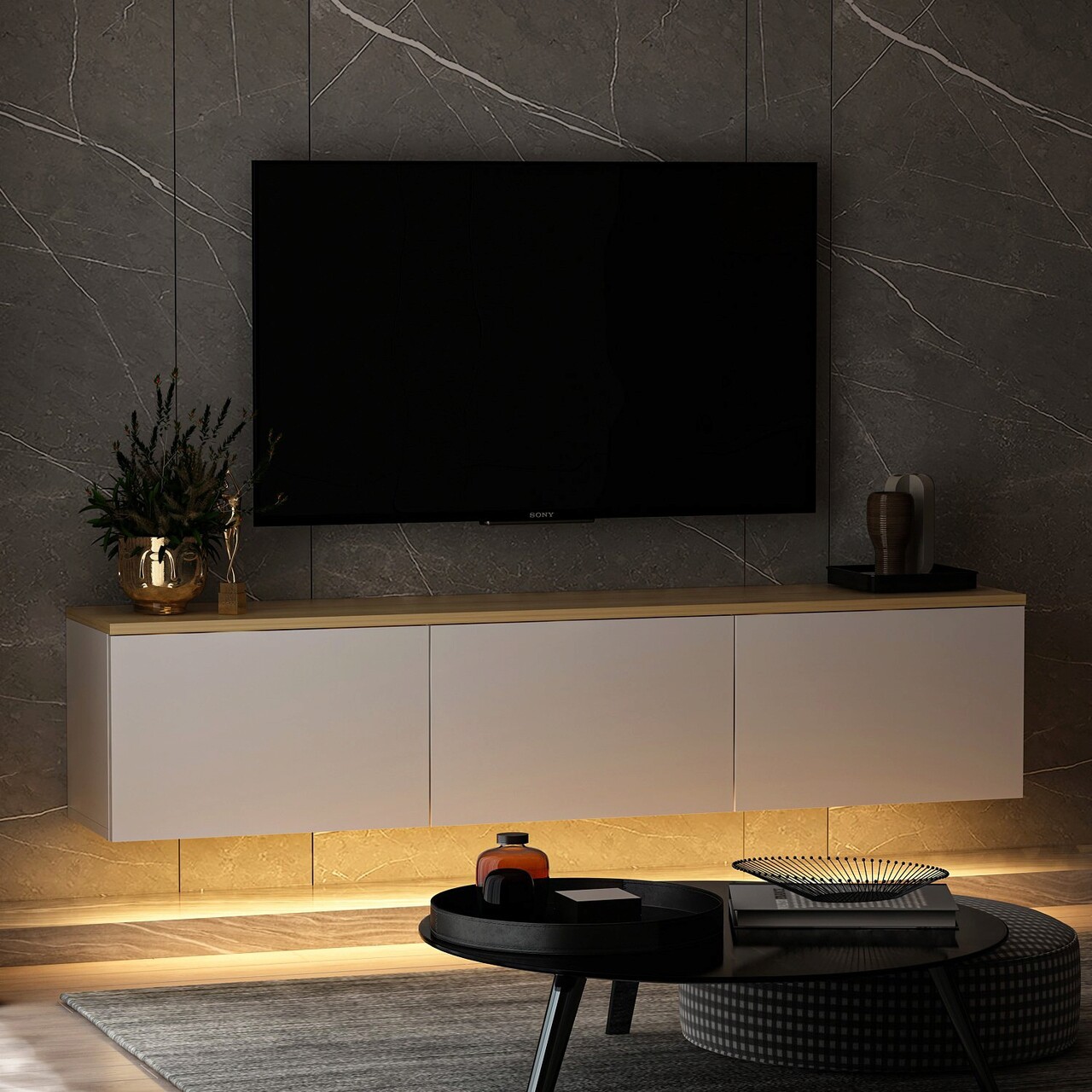 Comoda TV, Inarch, Neon, 160x35x32 Cm, Stejar Alb