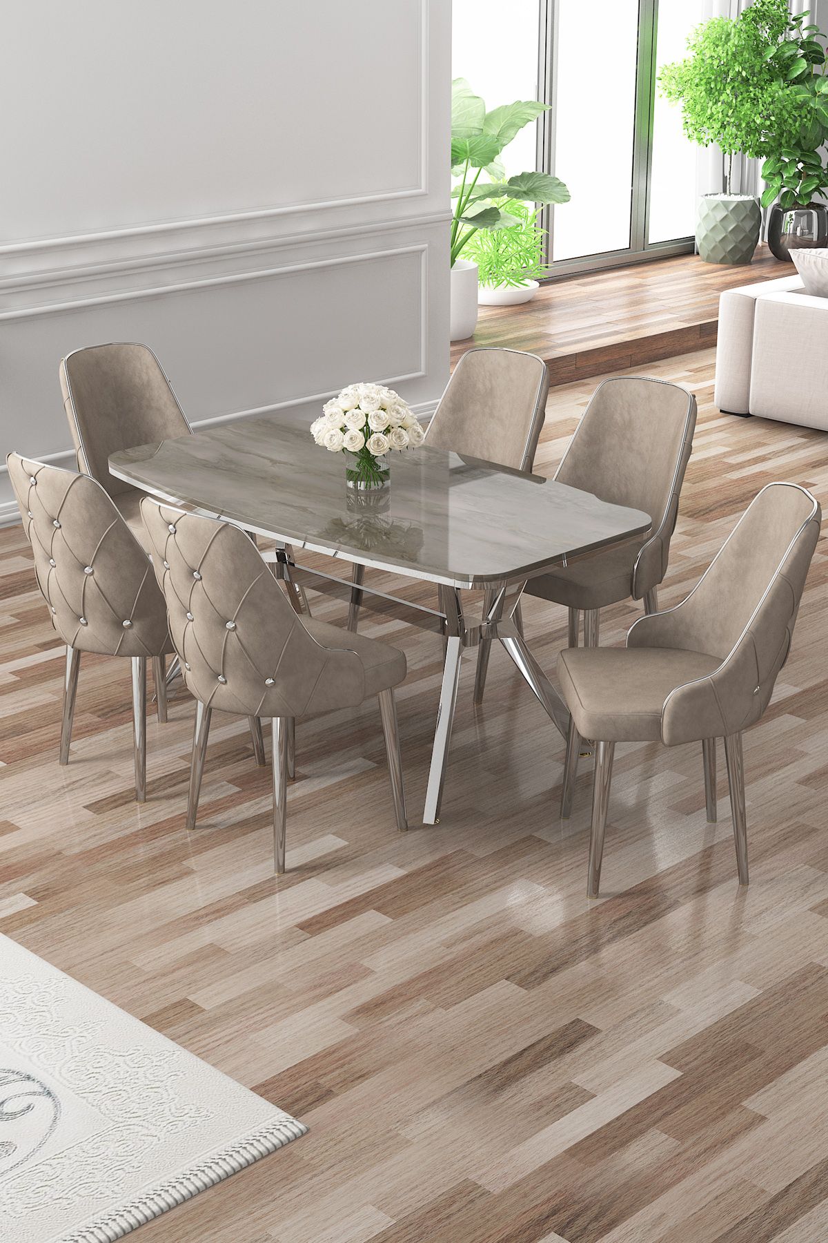Set masa si scaune (7 piese), Hanah Home, Asel, Antracit / Crom / Cappuccino