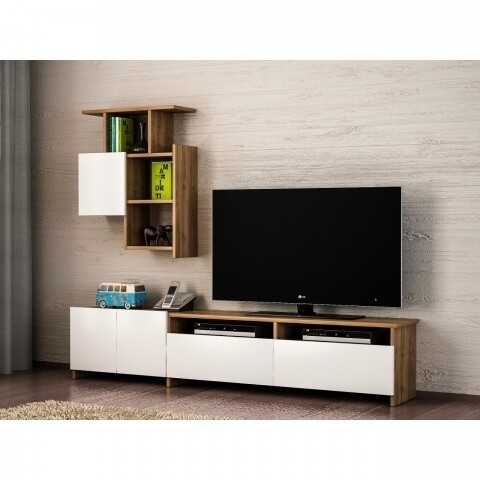 Comoda TV Cu Raft, Wooden Art, Mariposa Walnut White, 180x37x31.5 Cm