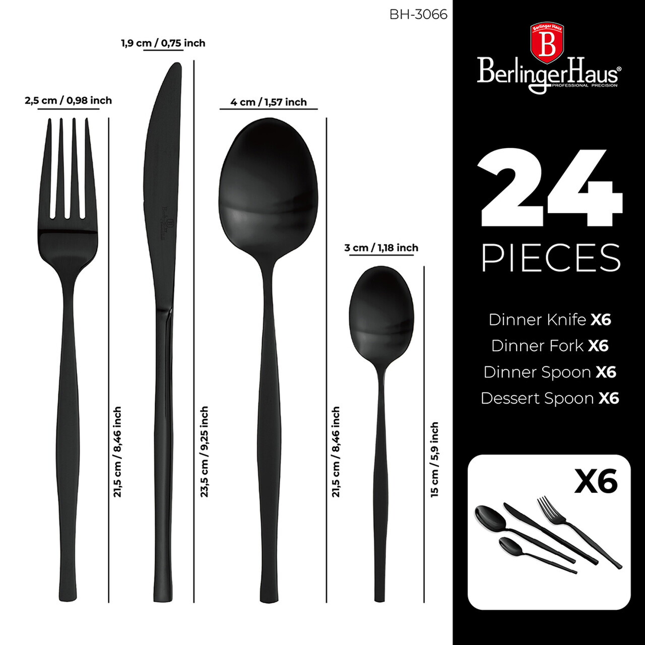 Set tacamuri 24 piese Berlinger Haus, Matte Black, model patrat, inox, negru - view 11