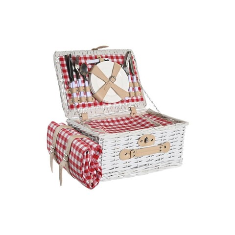 Cos de picnic pentru 4 persoane, DKD Home Deco, 40 x 28 x 20 cm, rachita, rosu/alb