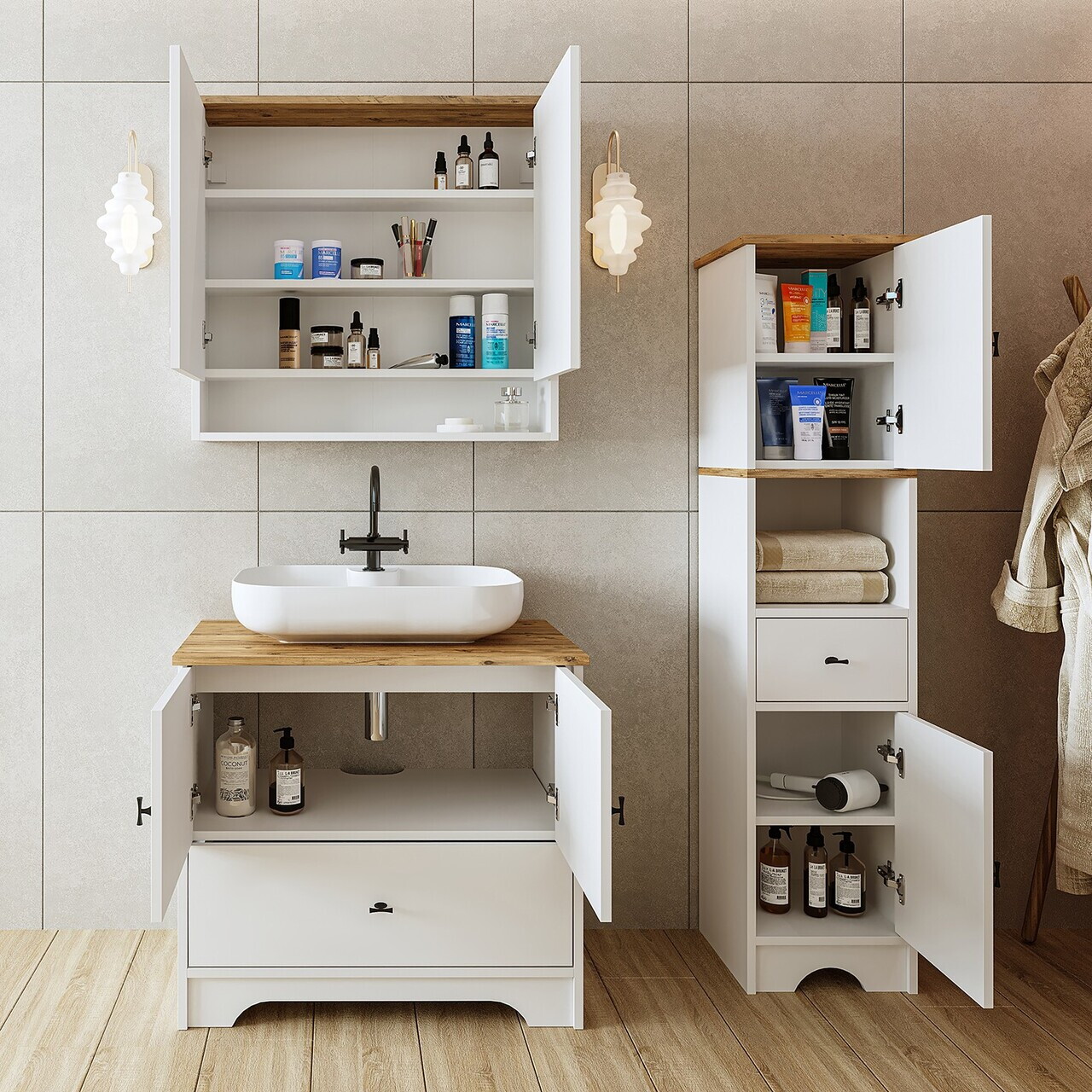 Set Dulap de Baie cu Chiuvetă și Oglindă (3 Piese), Hanah Home, 2394, MDF-LAM, Alb mat — imaginea 4