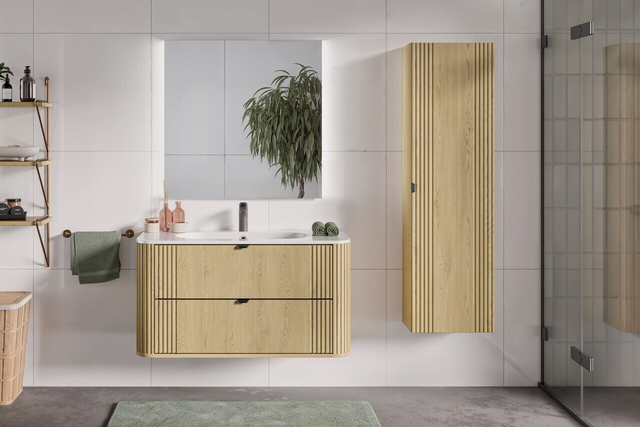 Set mobilier baie, Ovalia Cremona 100 cm, dulap inalt si masca cu lavoar, Comad, MDF/PAL, stejar - view 6
