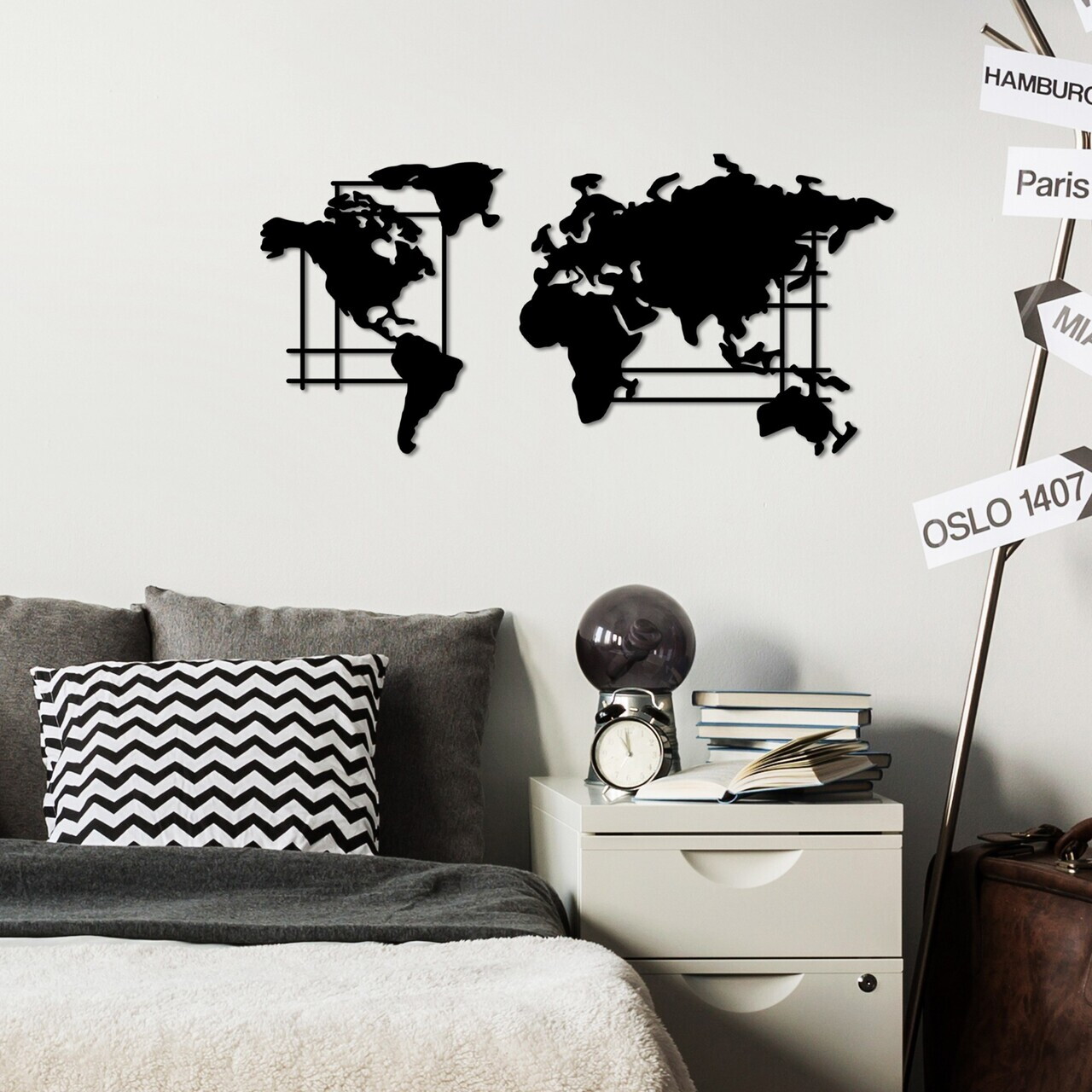 Decoratiune de perete, World Map, 70 x 33 cm, Negru — imaginea 3