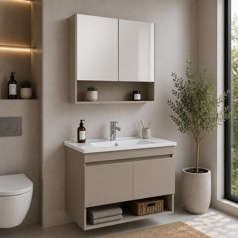 Set Dulap de Baie cu Chiuvetă și Oglindă (2 Piese), Hanah Home, Compacta 80, Latte