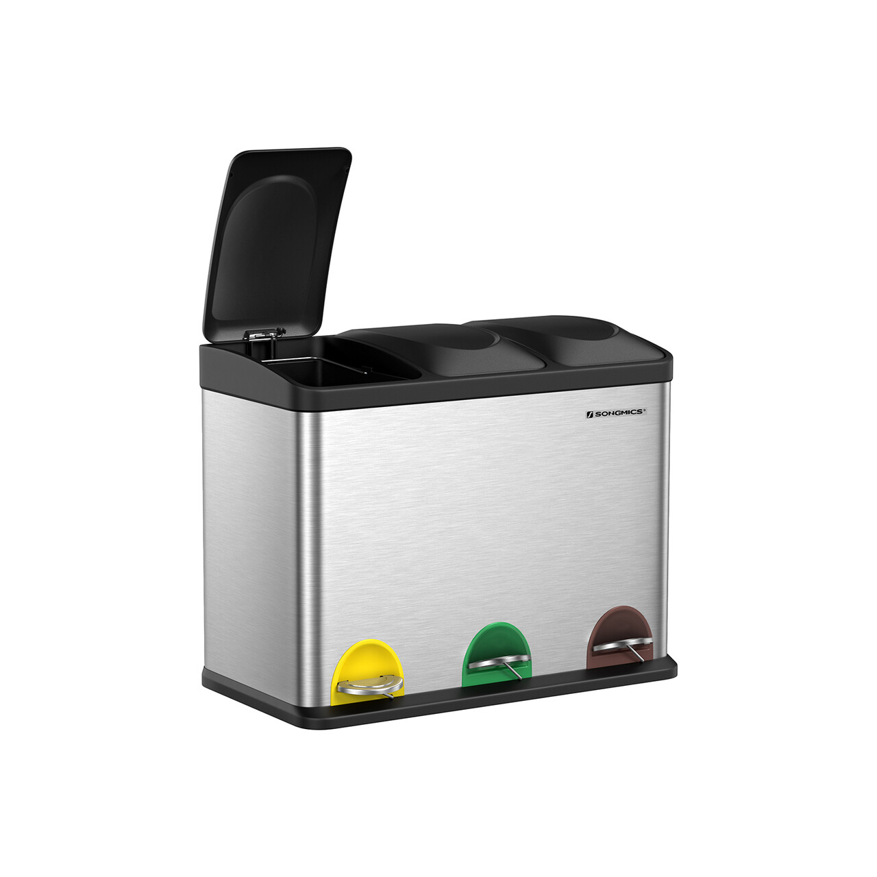 Cos de gunoi colectare selectiva 3 x 15 L, Songmics, 60.5x40.5x48.5 cm, inox, argintiu - 1 | YEO