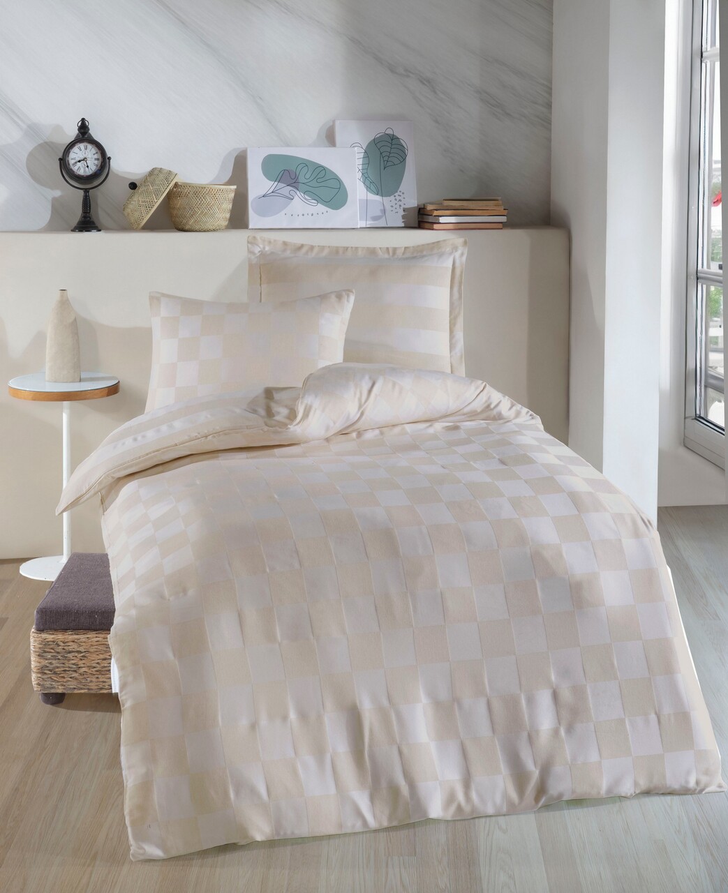 Lenjerie de pat pentru o persoana 2 piese, Kareli Saten - Beige, EnLora Home, 70% bumbac/30% poliester
