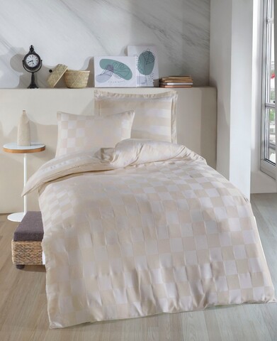 Lenjerie de pat pentru o persoana 2 piese, Kareli Saten - Beige, EnLora Home, 70% bumbac/30% poliester