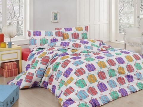Lenjerie de pat pentru o persoana, 3 piese, 100% bumbac ranforce, Nazenin Home, Suitcases Color, multicolora