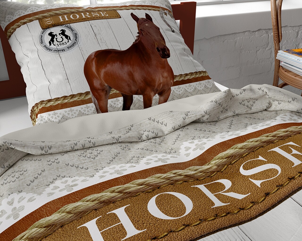 Lenjerie De Pat Pentru O Persoana, Horse Riding Brown, Dreamhouse, 2 Piese, 200x220 Cm, Bumbac, Maro