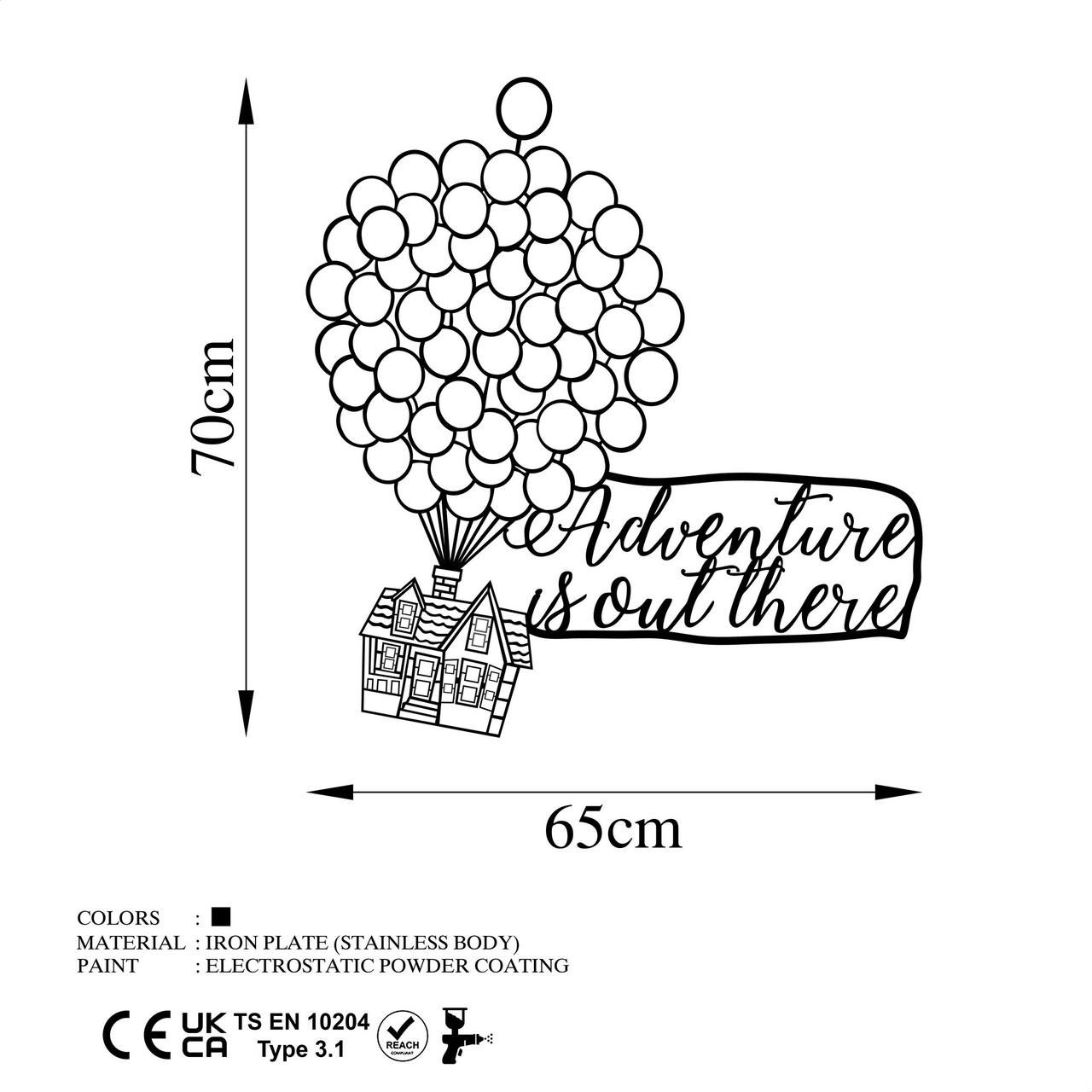 Decoratiune de perete, Adventure Is Out There, Metal, Dimensiune: 65 x 70 cm, Negru