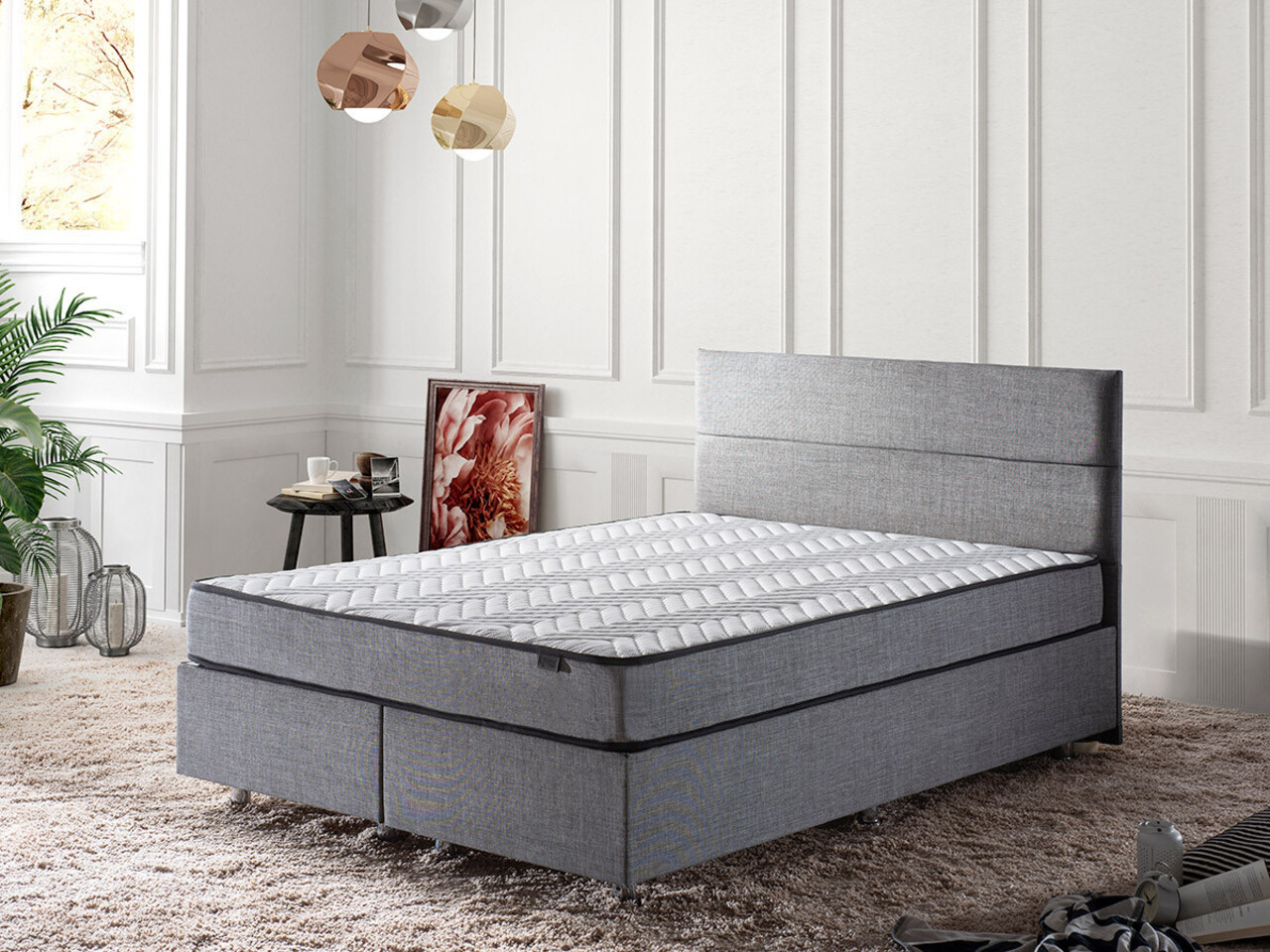 Saltea dubla, Base & Headboard, Niron, Argintiu, 150x38x200 cm, Cadru: OȚEL, Gri - 1 | YEO