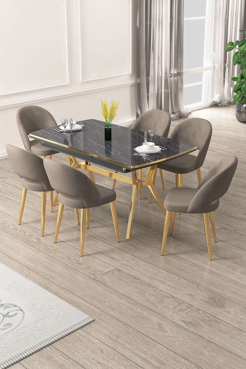 Set masa extensibila si scaune (7 piese), Hanah Home, Weps, Model de marmură neagră / Auriu / Cappuccino