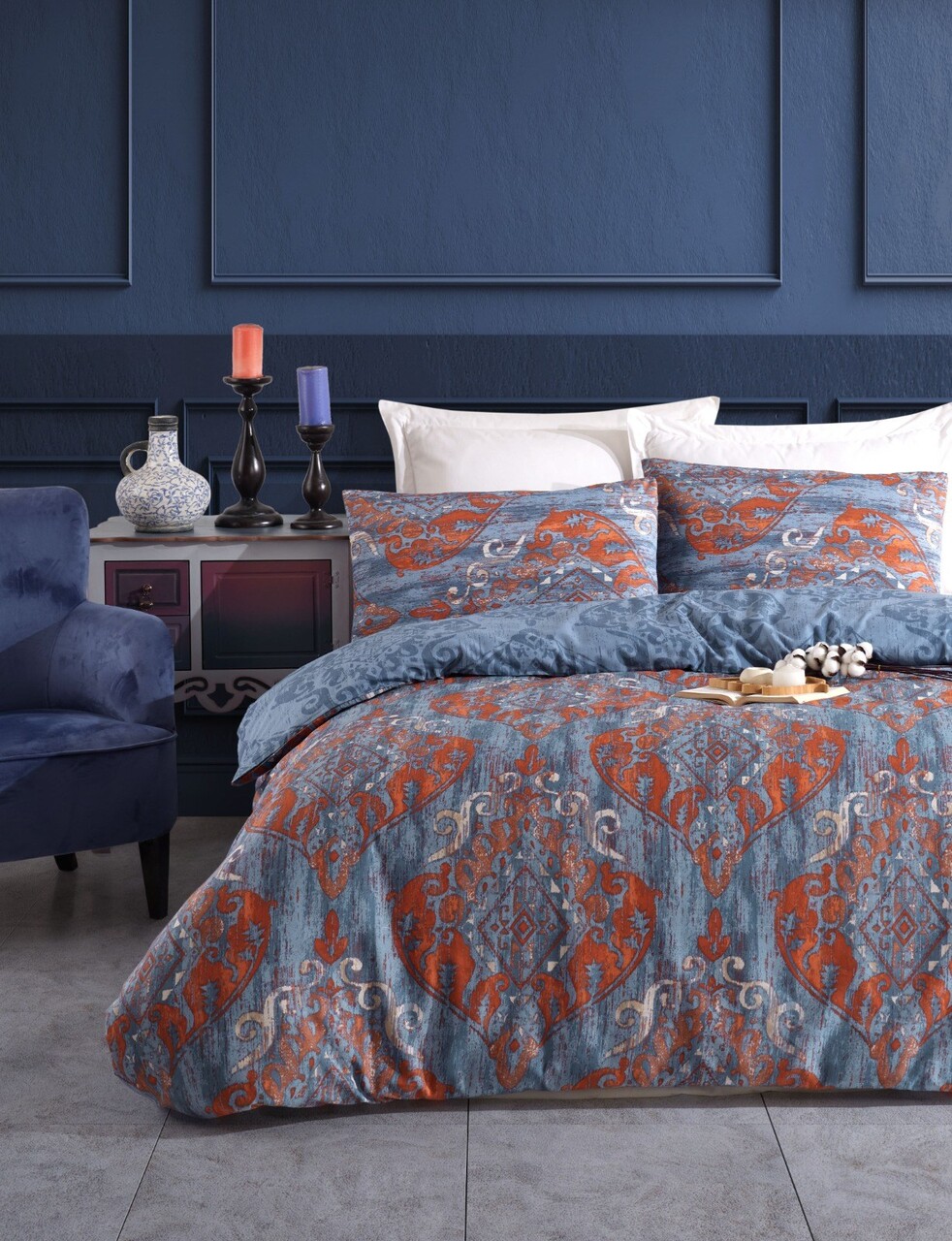 Lenjerie de pat dubla, Hitit - Dark Blue, Eponj Home, 65% bumbac/35% poliester