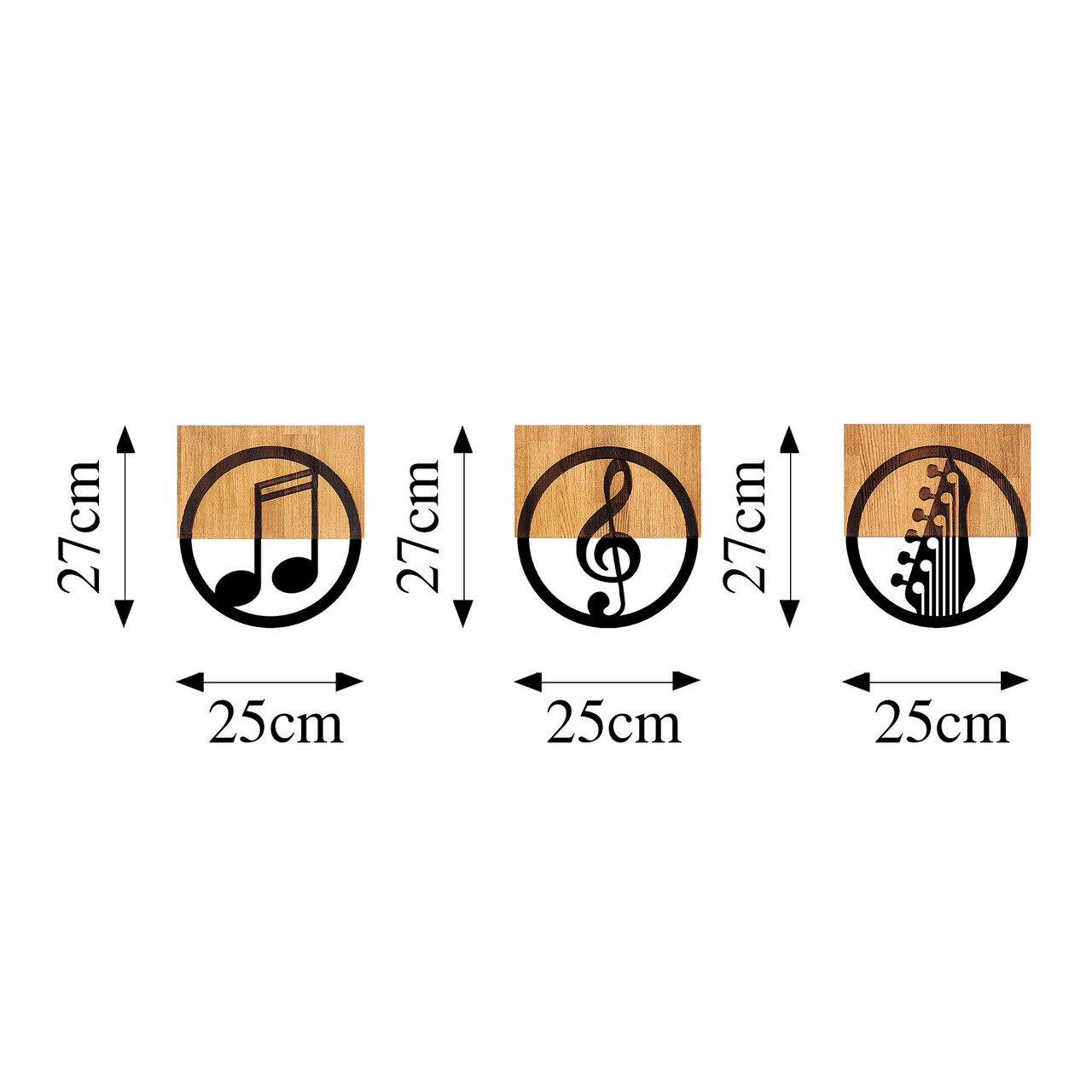 Decoratiune de perete, Just Music, 50% lemn/50% metal, 25 x 3 x 27 cm, 3 piese, Nuc negru