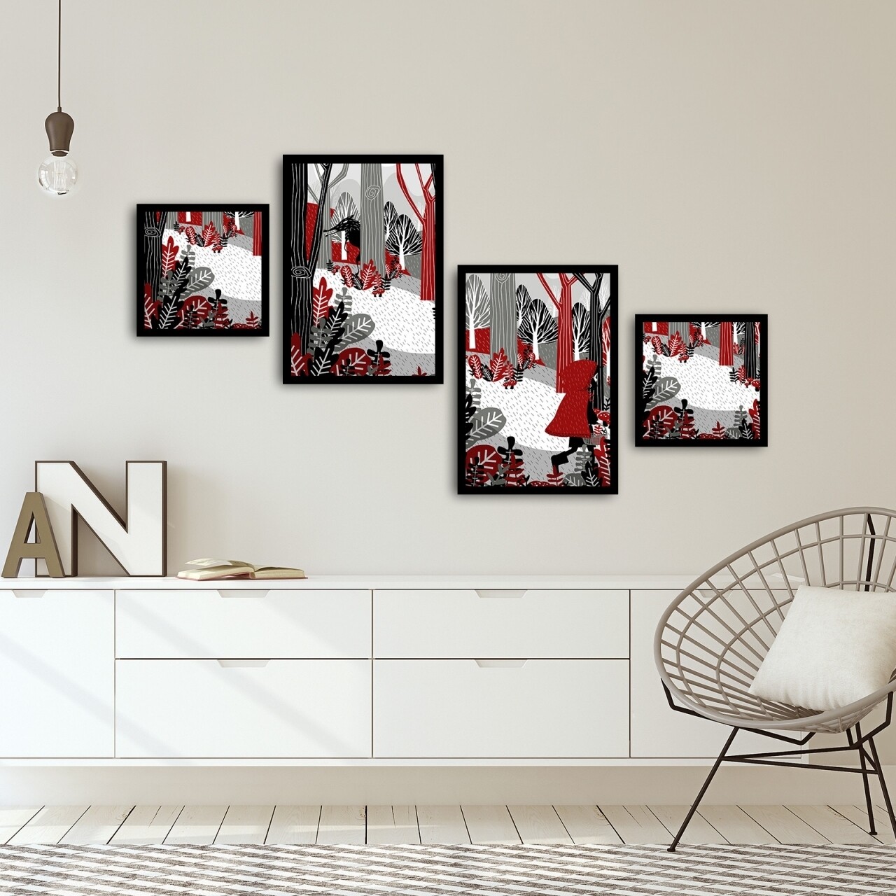 Set 4 tablouri decorative, Alpha Wall, Little Red Riding Hood, 30x30/35x50 cm