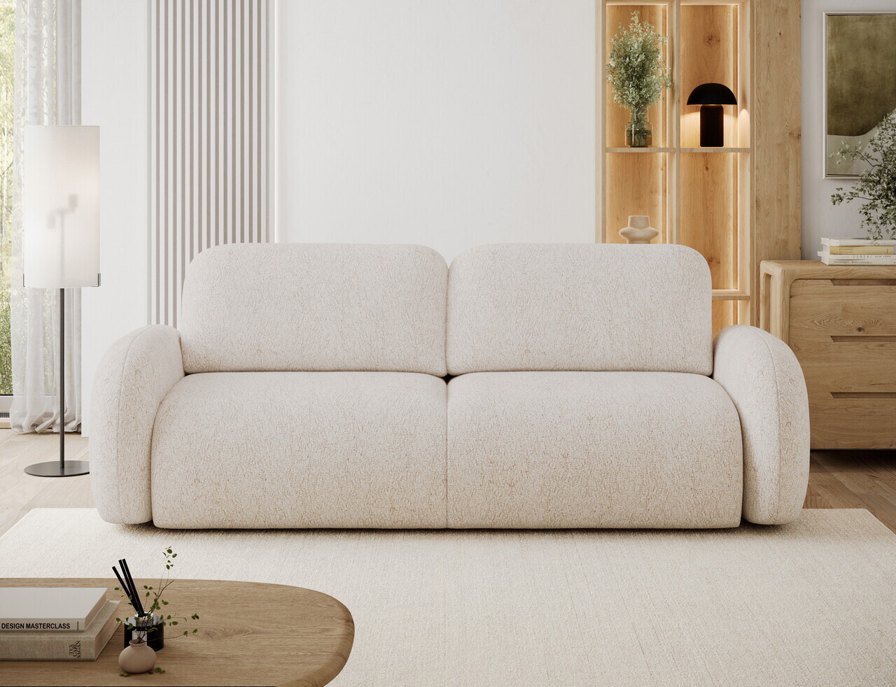 Canapea extensibila 3 locuri ELTAP, Avuela, 250x105x94 cm, lemn/tesatura chenille, alb murdar — imaginea 2