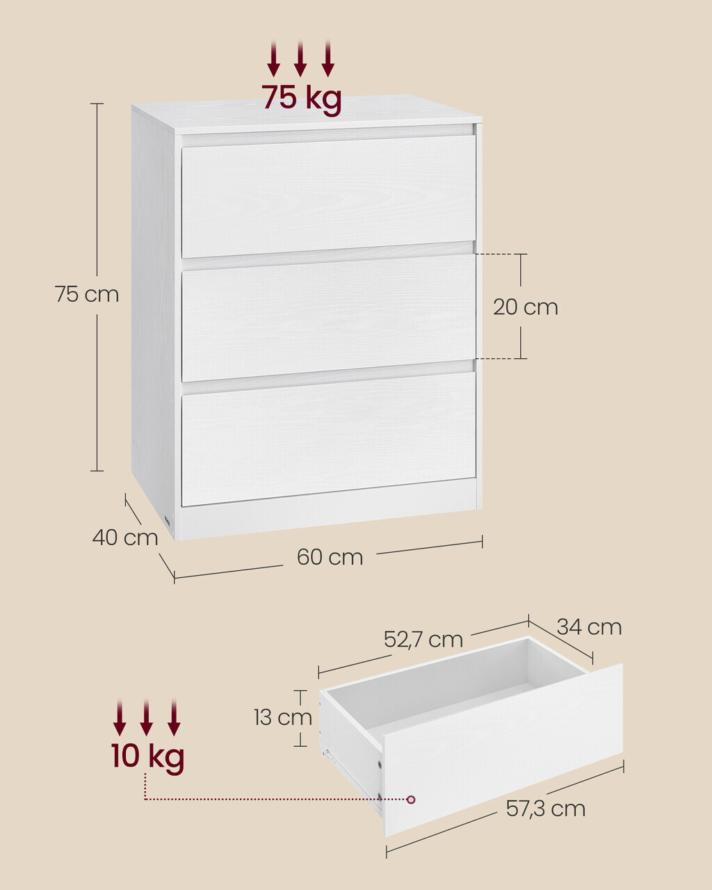 Comoda TV cu 3 sertare Kailyn, Songmics, 60x40x75 cm, PAL/MDF, maro rustic/negru - imagine 3