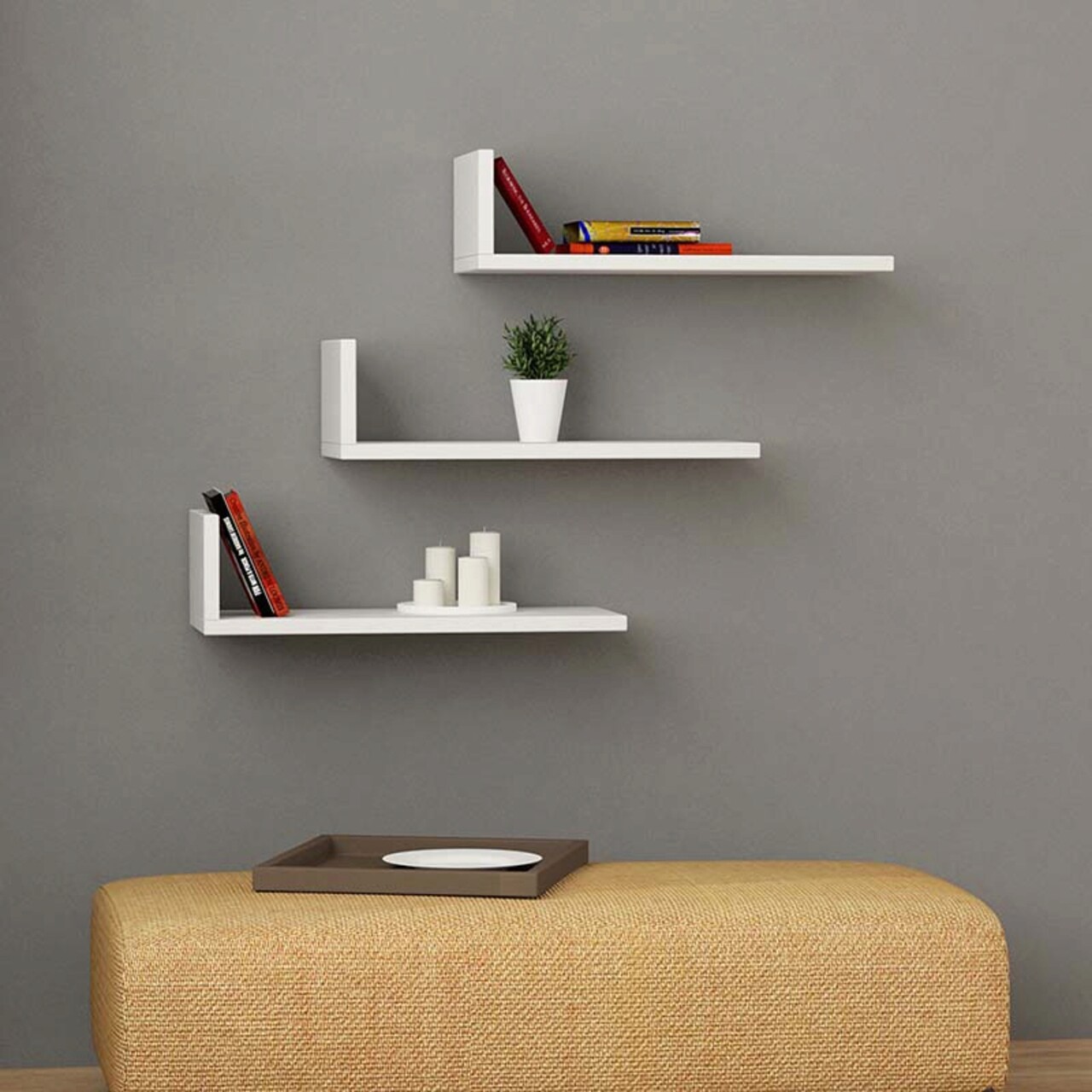 Set 3 rafturi de perete L-Model, Pakoworld, 50x20x14 cm, PAL melaminat, alb