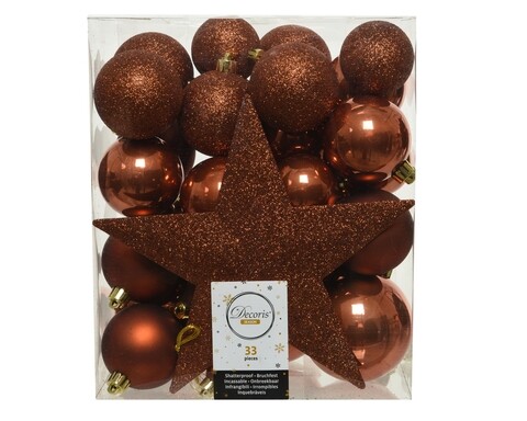 Cutie cu 33 globuri asortate si varf de brad Star Terra Brown, Decoris, plastic, maro terra