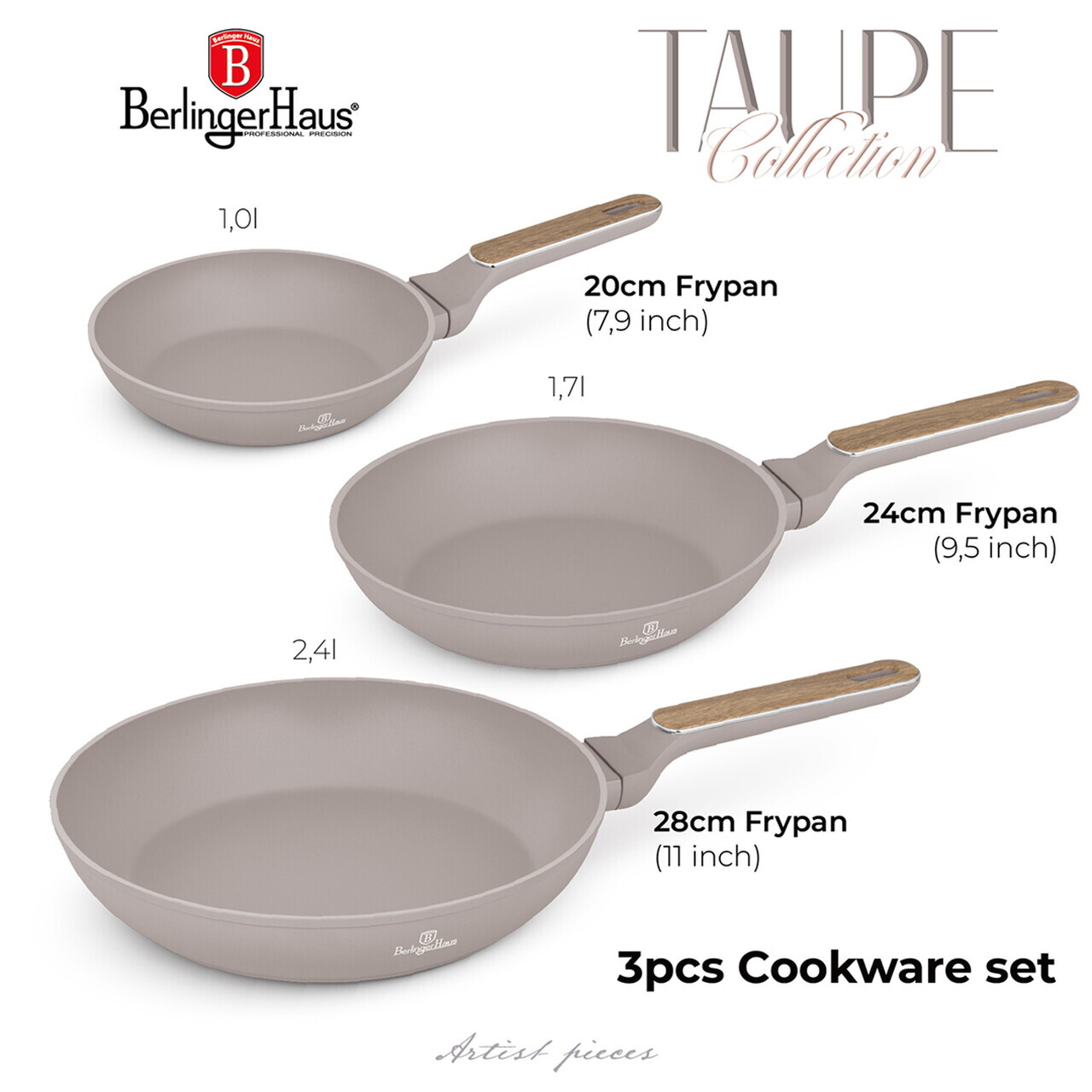 Set 3 tigai rotunde Berlinger Haus, Taupe Nordic, 20/24/28 cm, aluminiu forjat, taupe mat/natur - imagine 10