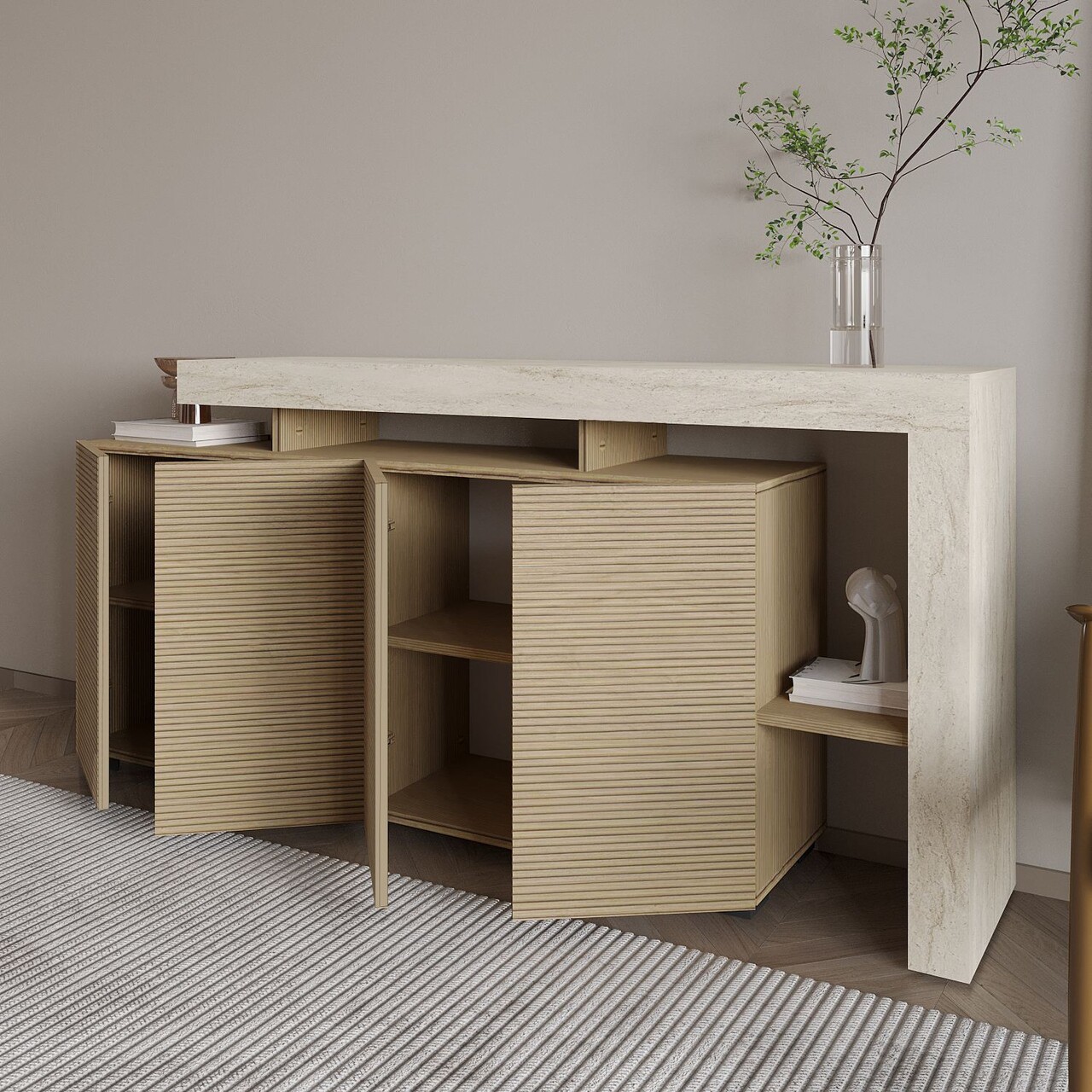 Consola, Hanah Home, Beliz, 170x80x35 cm, Travertin / Stejar cald - view 4