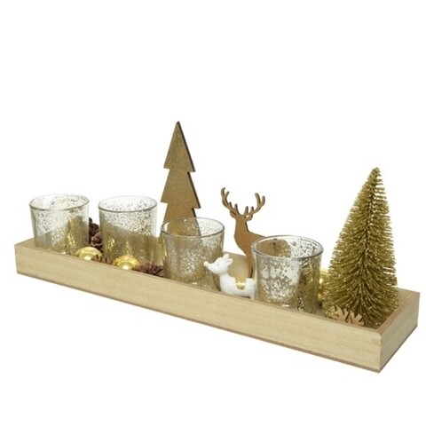Set 4 suporturi pentru lumanari+tava Xmas, Decoris, 36x3x9 cm, sticla, auriu