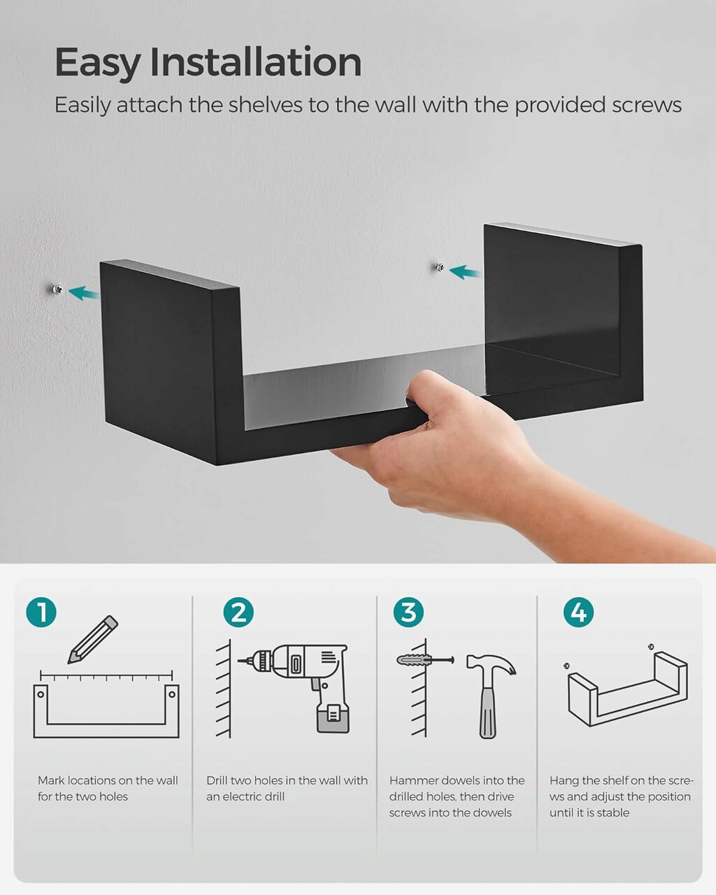 Set 3 rafturi de perete Songmics Modern, 40 x 10 x 9 cm, PAL, negru - imagine 6