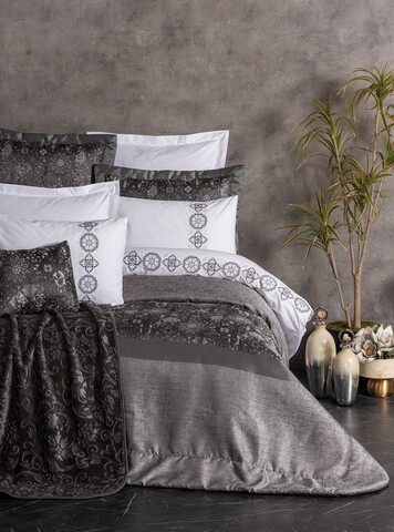 Set lenjerie de pat si cuvertura dubla, Valeria - Anthracite, Cotton Box, Poliester