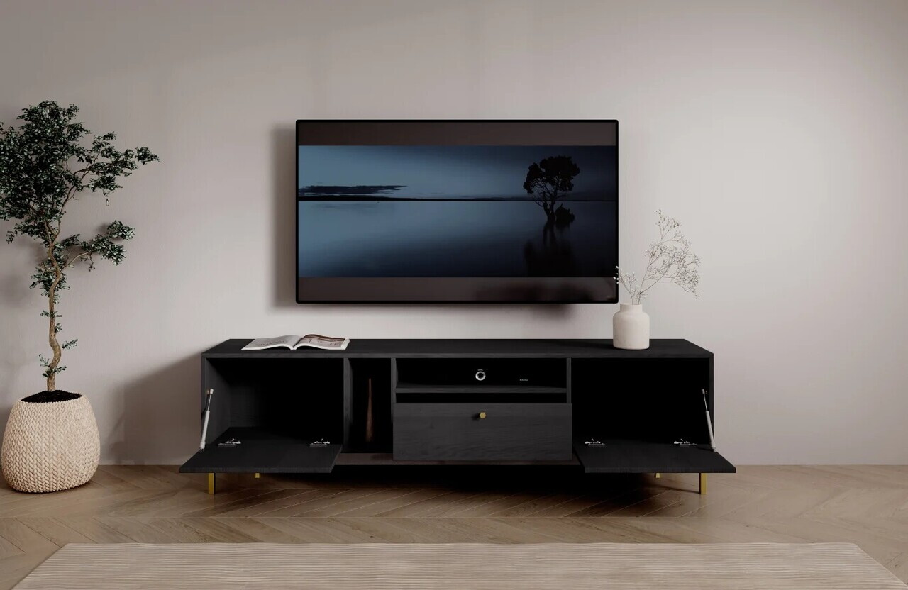 Comoda TV ADRK, Tili 2D 1S, 180x40.8x50 cm, PAL laminat, negru — imaginea 6