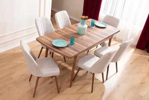 Extendable Dining Table & Chairs Set (7 Pieces), Hanah Home, Lidyana, Frame: 70% HORNBEAM/30% MELAMINE COATED CHIPBOARD, Crem