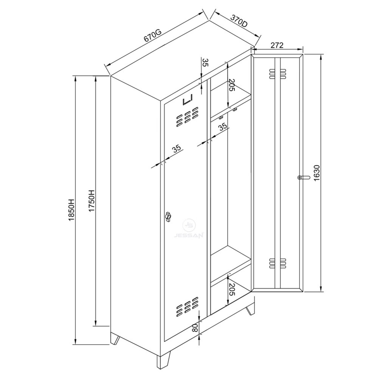 Dulap de depozitare cu incuietoare, Shelvoria, Js1028Sı, 67x185x37 cm, Otel, Gri/Negru