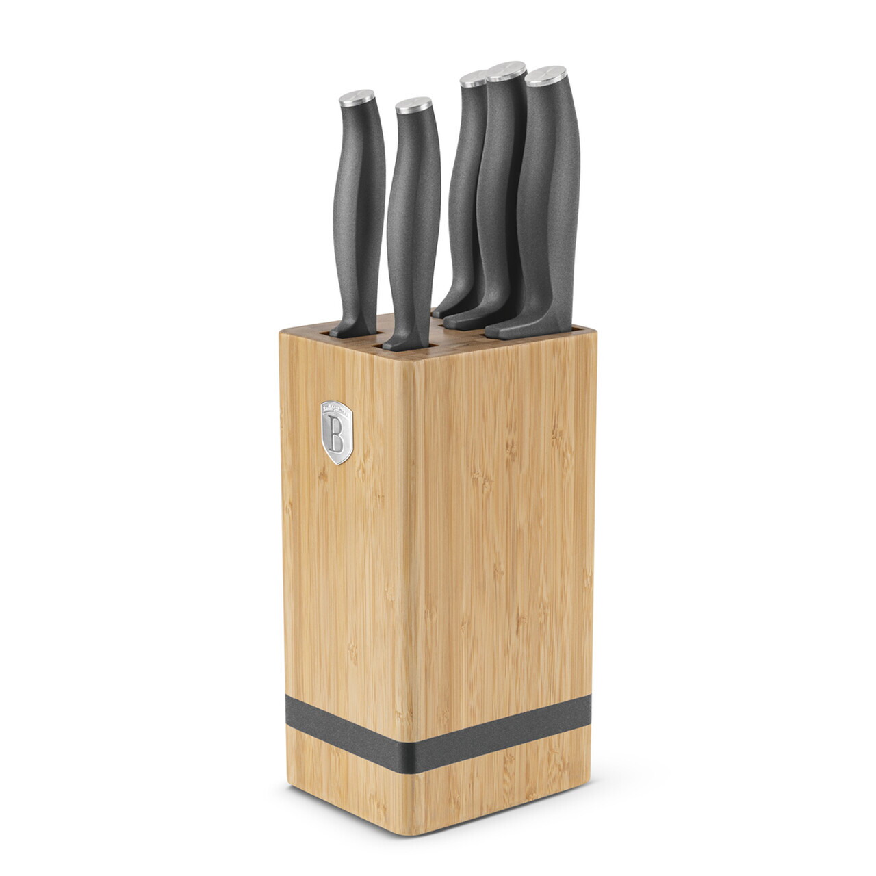 Set 5 cutite cu suport patrat Berlinger Haus, Anthracite, inox/bambus, antracit mat/natur - imagine 9