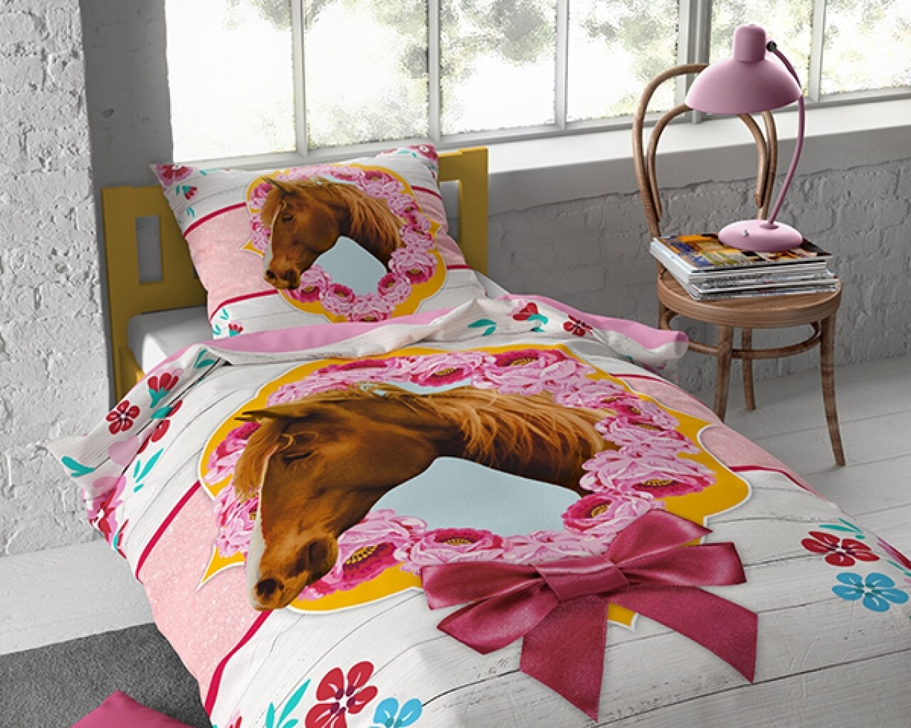 Lenjerie De Pat Pentru O Persoana, Cute Horse Pink, Dreamhouse, 2 Piese, 140x200 Cm, 100% Bumbac, Multicolora