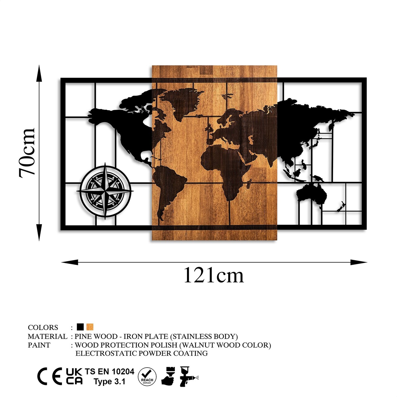 Decoratiune de perete, World Map 1-L, Dimensiuni: 70 x 121 cm, Nuc / Negru - view 6