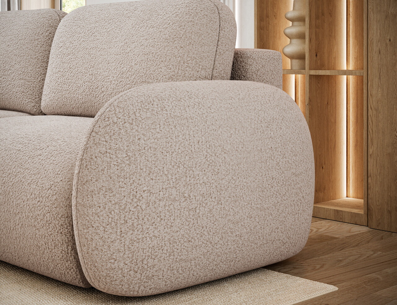 Canapea extensibila 3 locuri ELTAP, Avuela, 250x105x94 cm, lemn/tesatura boucle, bej — imaginea 9