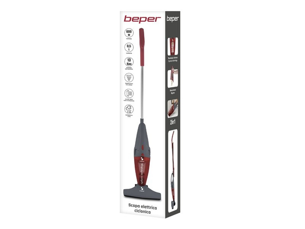 Aspirator vertical Cyclonic, Beper, 600W, 24.5x13.5x109 cm, ABS/aluminiu, rosu/gri — imaginea 9