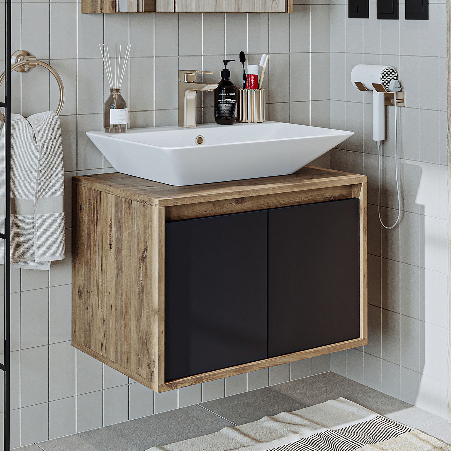 Dulap de baie cu chiuvetă, Hanah Home, 1707, 65x58x45 cm, MDF-LAM, Pin Atlantic / Antracit