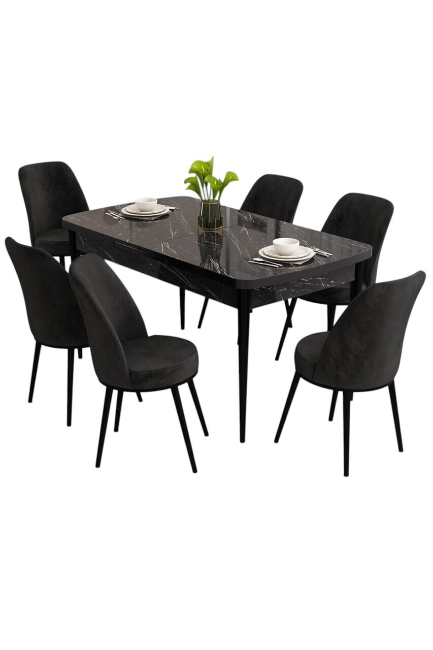 Set masa extensibila si scaune (7 piese), Hanah Home, Nix, Model de marmură neagră / Negru — imaginea 2
